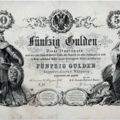 NÁRODNÁ BANKA SLOVENSKA - MÚZEUM MINCÍ A MEDAILÍ KREMNICA: Rakúska štátovka v hodnote 50 zlatých (1866, Viedeň)